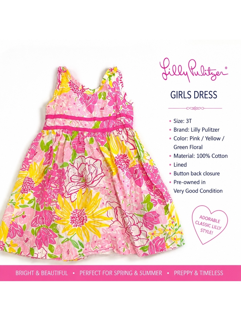 Lilly Pulitzer Girls 3T Pink Yellow Green Floral Sundress Cotton